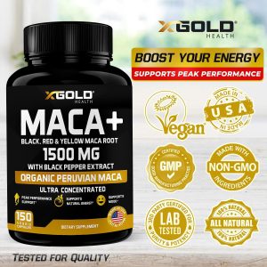 X Gold Health Organic Maca Root Capsules Black, Yellow, Red Strongest 1500 mg - 150 Capsules