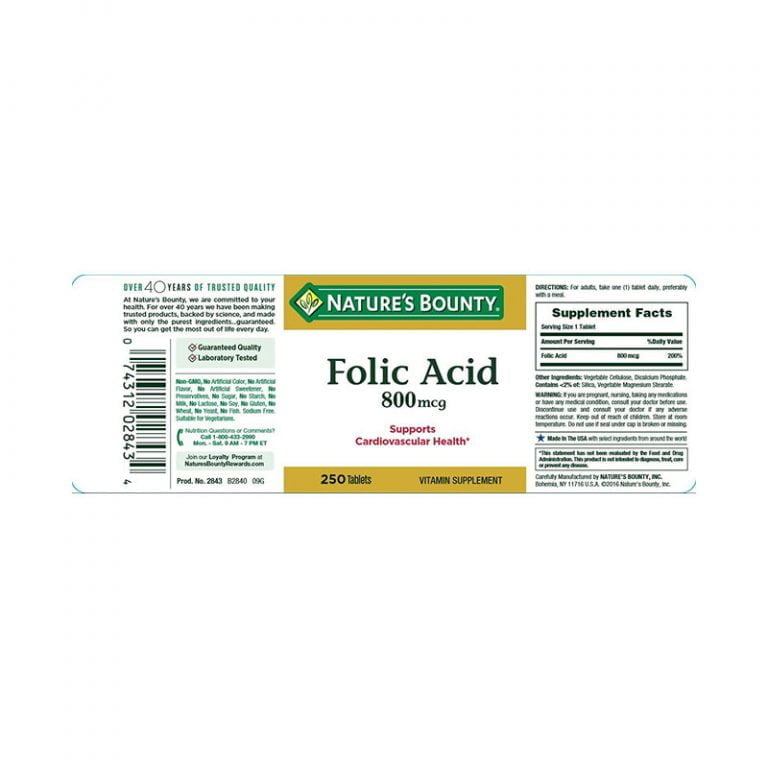 Nature's Bounty Folic Acid 800 mcg Maximum Strength - 250 Tablets