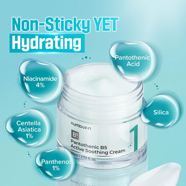 The Numbuzin No.1 Pantothenic B5 Active Soothing Cream is designed to reduce excess oil and prevent acne, providing long-lasting hydration for up to 130 hours.