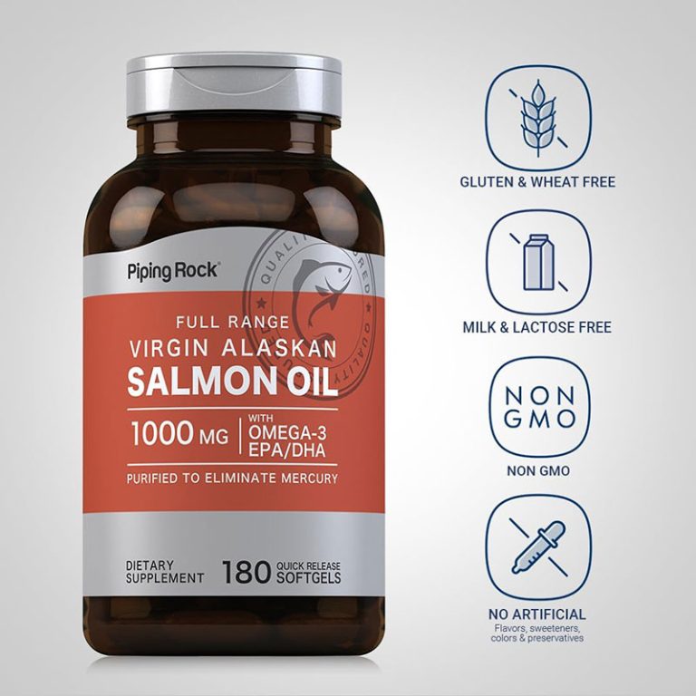 Piping Rock Salmon Oil 1000 mg Virgin Wild Alaskan Full Range, 180 Quick Release Softgels
