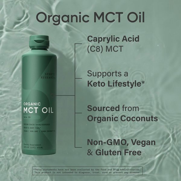Sports Research Organic MCT Oil (C8) derived from Organic Coconuts - Unflavored 473 ml