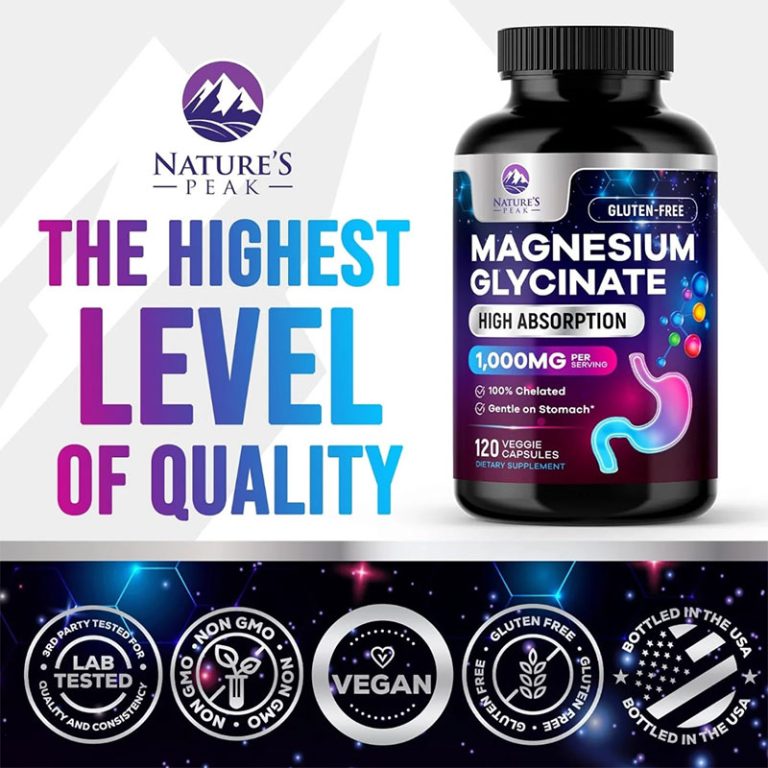 Nature's Peak Pure Magnesium Glycinate 1000 mg - Max Absorption Magnesium Supplement for Muscle, Heart, Bone, Energy and Nerve Health Support
