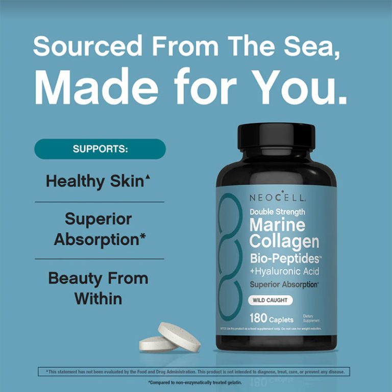 NeoCell Marine Collagen Bio-Peptides Double Strength + Hyaluronic Acid, 180 Caplets
