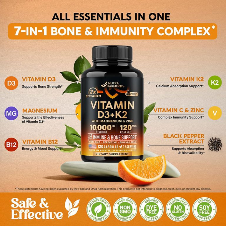 NUTRAHARMONY Vitamin D3+K2 with Magnesium Zinc & Vitamin C & B12 - 120 Capsules