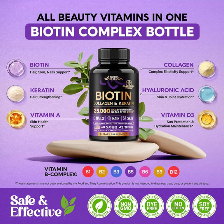 NUTRAHARMONY Biotin Collagen & Keratin | Hair Skin & Nails Vitamins - 60 Capsules